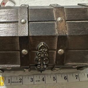 Vintage  Wooden Treasure Chest Jewelry Box w Red Velvet Interior, Trinket Holder